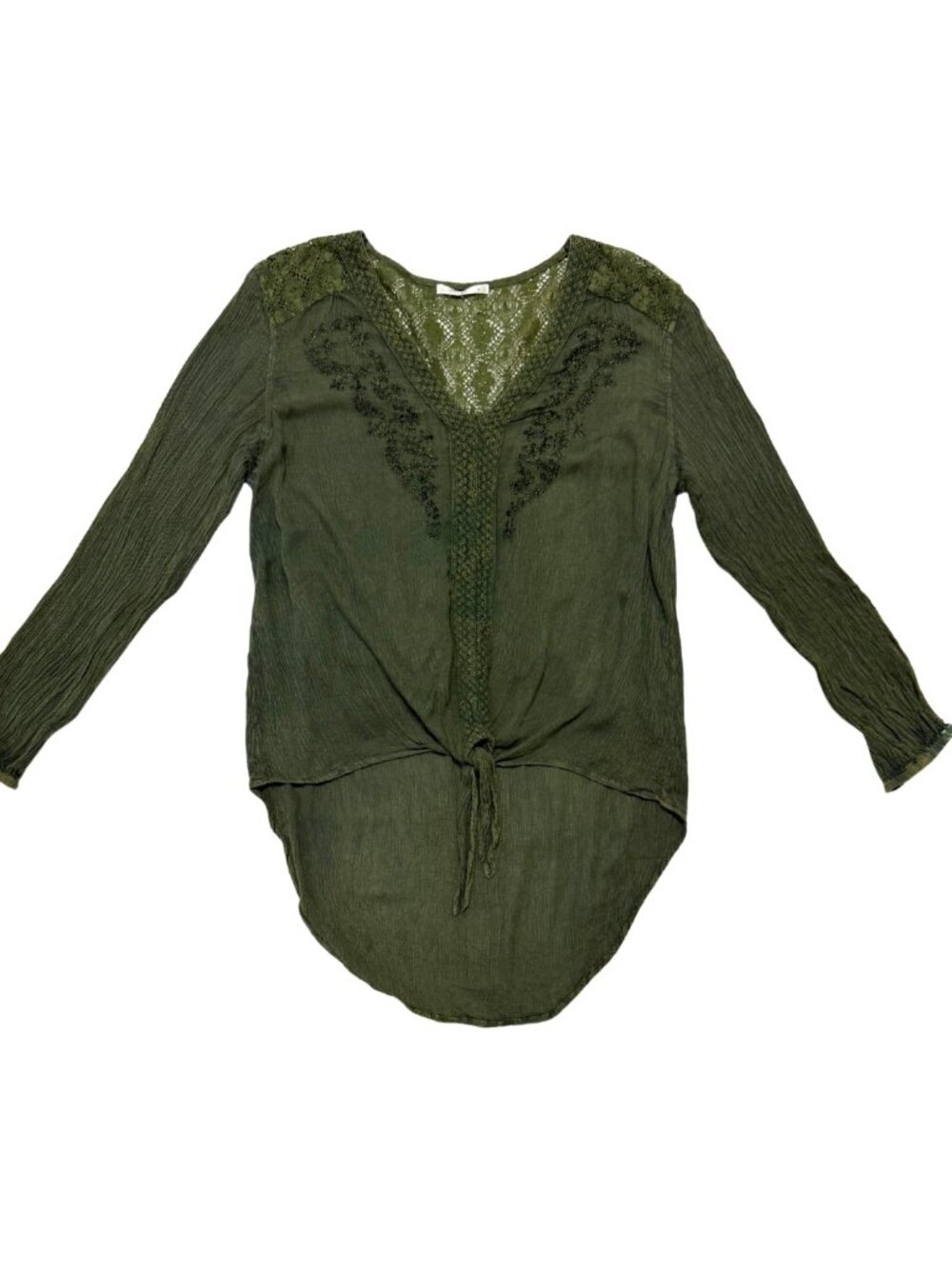 Embroidered Mixed Fabric Tie Front Long Sleeve Peasant Blouse Size Medium Green